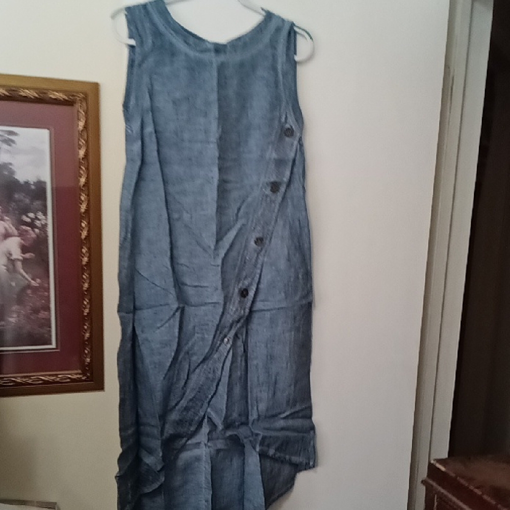 Moraitis Sleeveless Blue Button-Accent Linen Dress